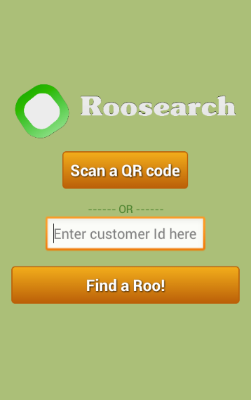 Landing screen for Roosearch, where the user can enter a customer Id or scan a QR code