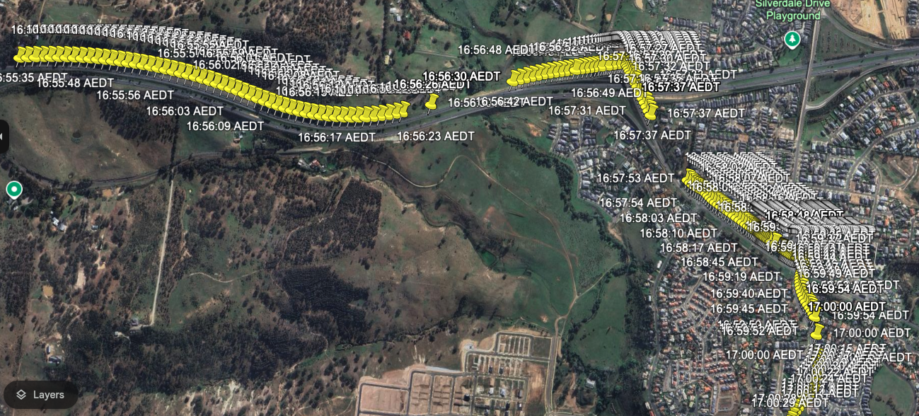 Google Earth KML displaying GPS points from a test drive