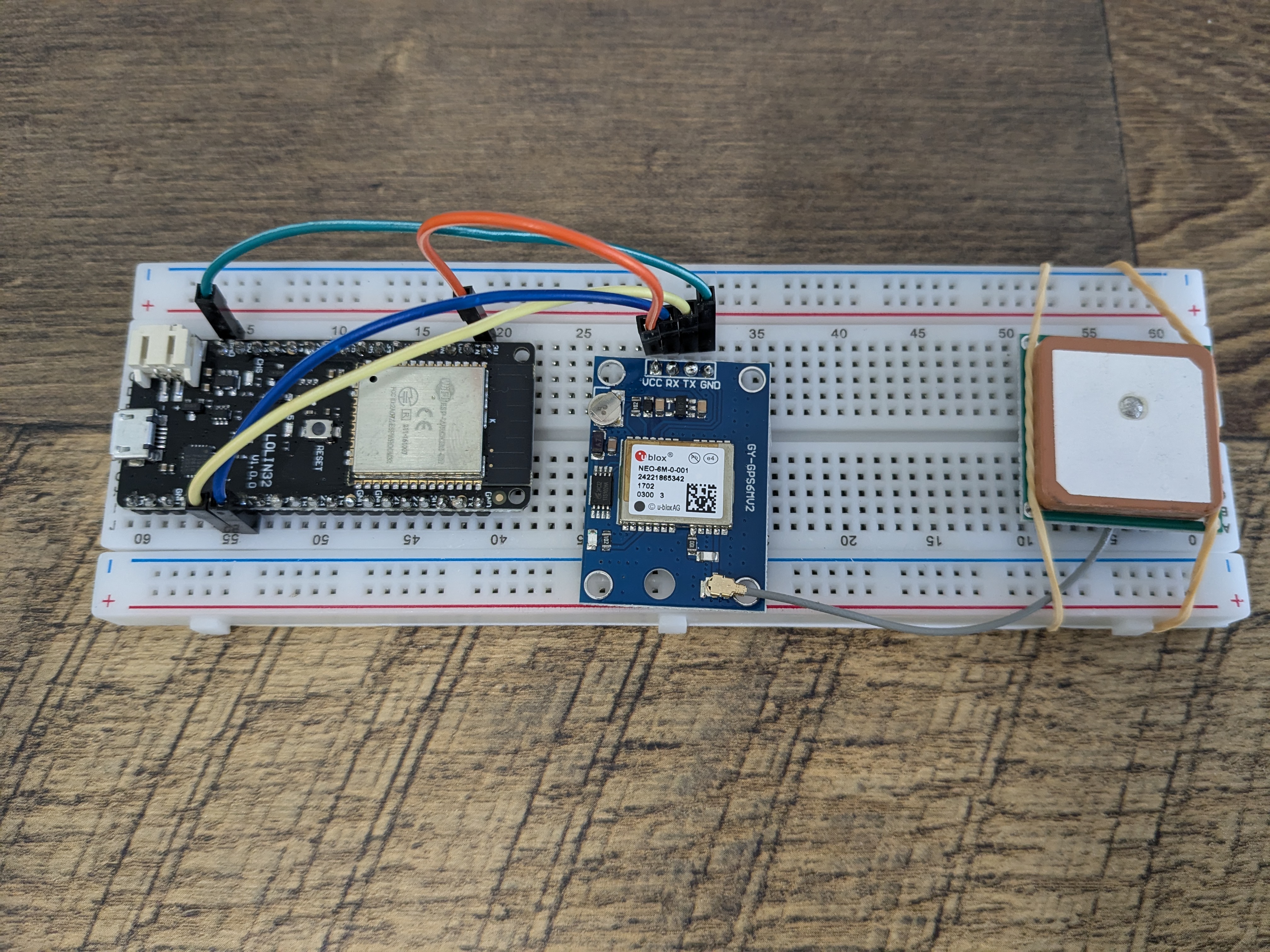 NEO-6M module on a breadboard with the esp32