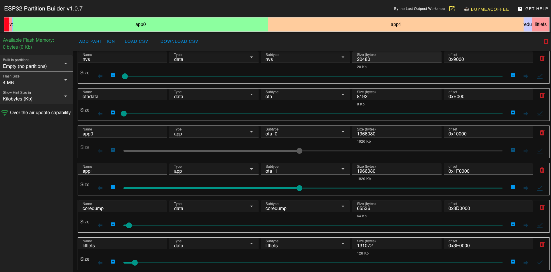 Partition web builder UI displaying a visual representation of partitions